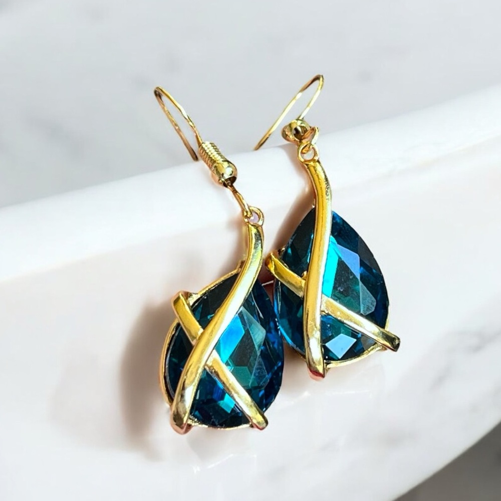 Gold Tone Greenish Blue Drop Caged Earrings Fashion Jewelry
